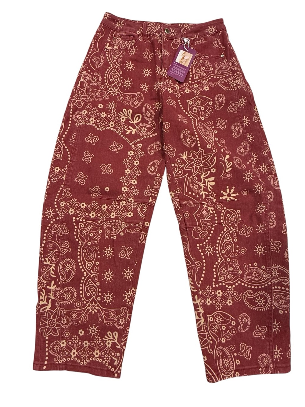 Boutique Red Bandana Paisley Printed Wide Leg Barrel Jeans - Picture 3 of 11